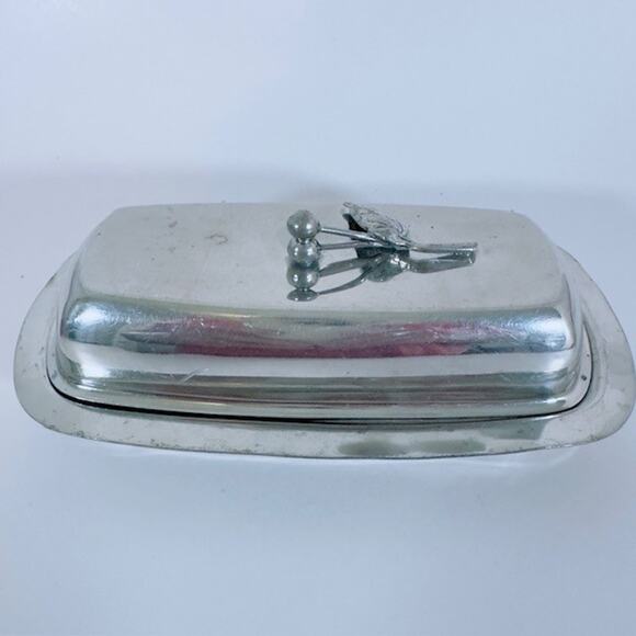 MCM Silver Plated Butter Dish w/Glass butter Tray Pewter Berry & Leaf Handle VTG - Picture 11 of 16